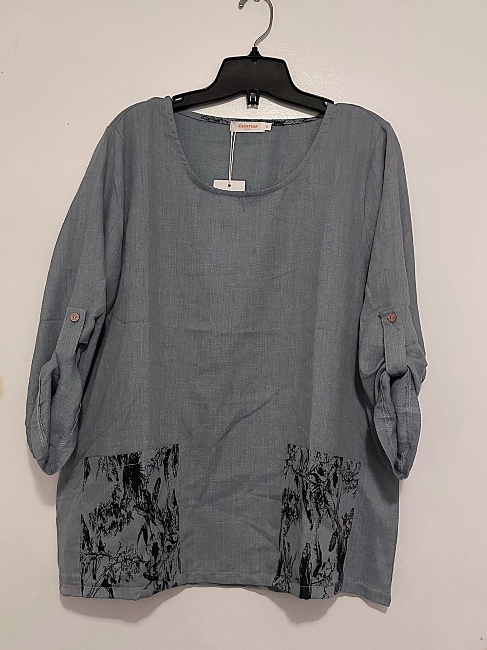 Blue Scoop-Neck Tunic with Printed Pockets